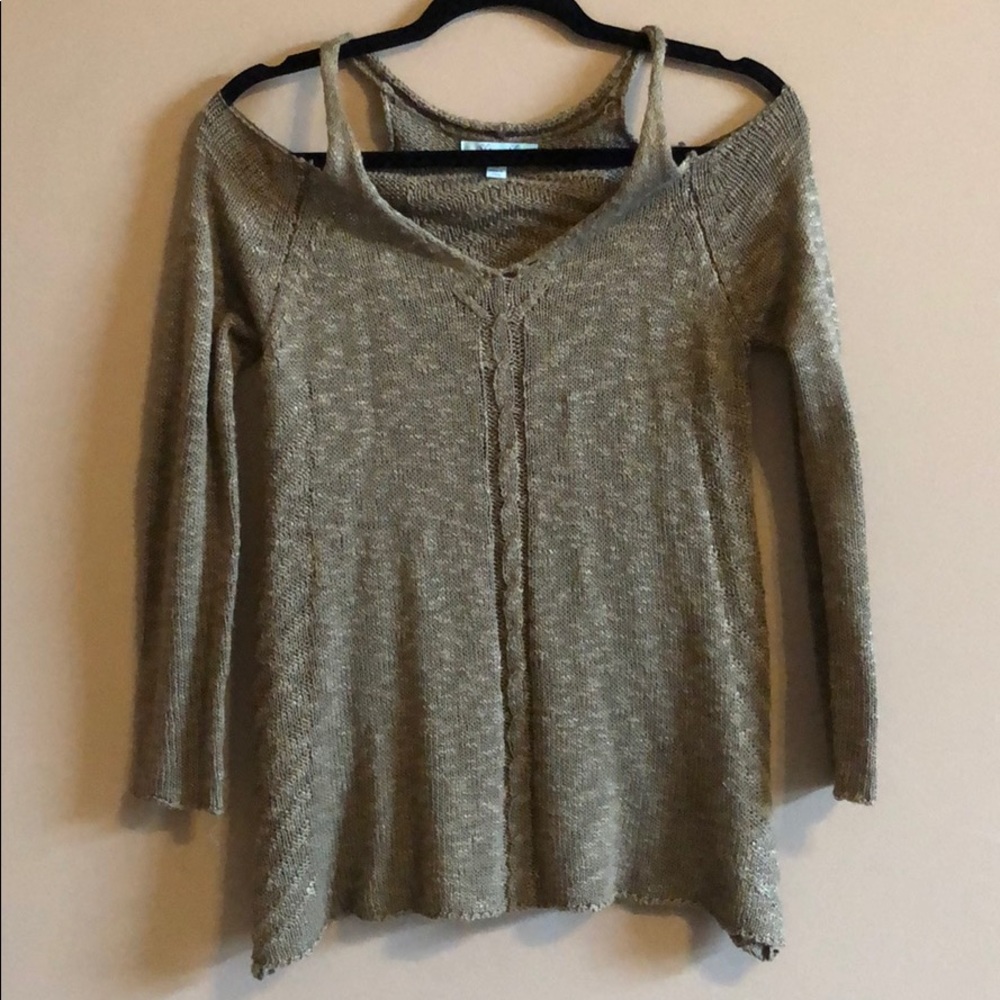 She + Sky olive green cold shoulder sweater
